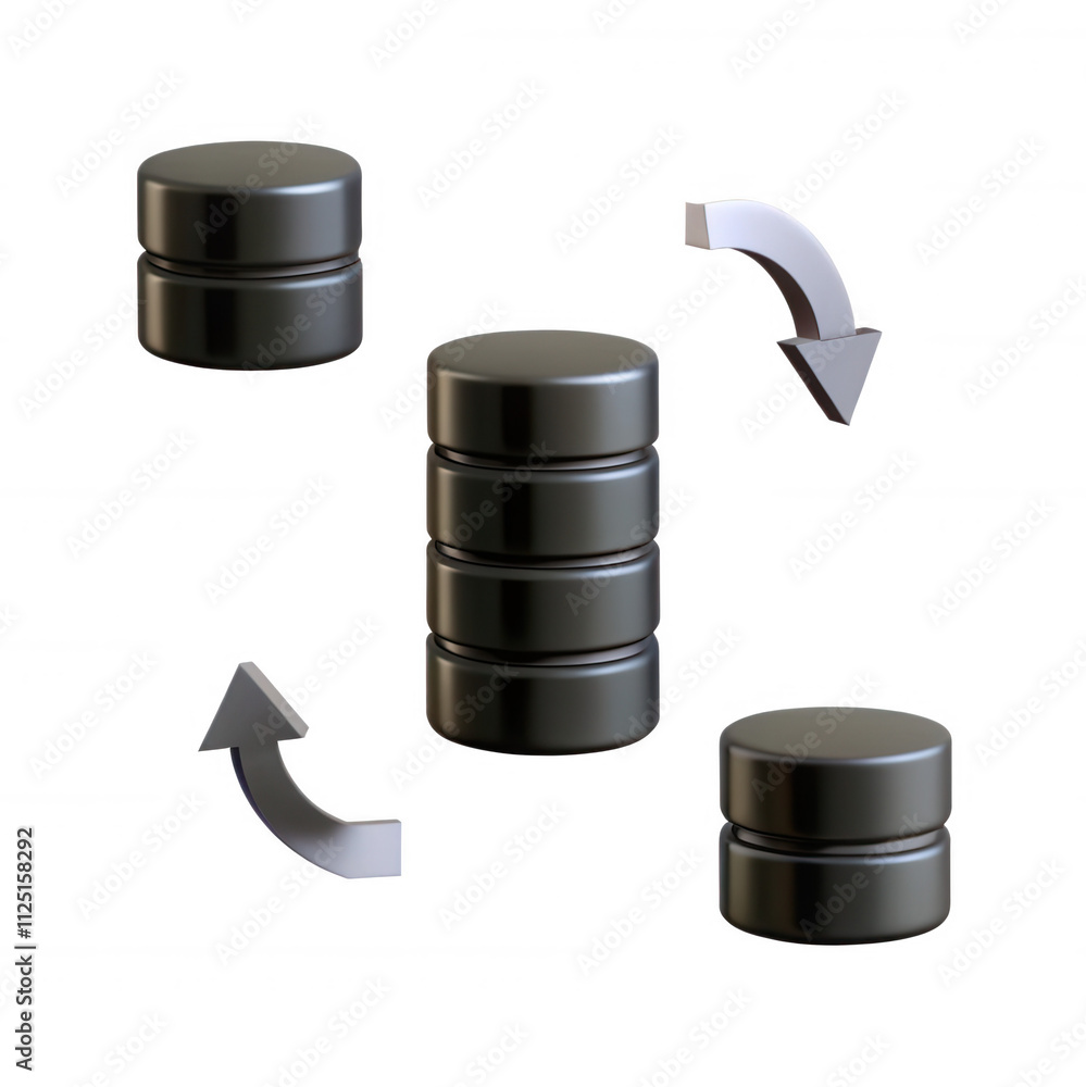 Poster a 3d model depicting black database storage icons with arrows indicating data movement. perfect for 