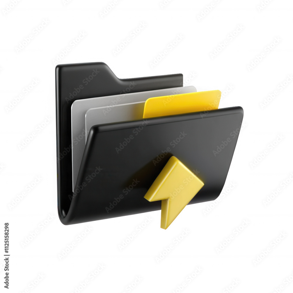 Poster a modern 3d folder icon design featuring a sleek black folder with metallic and yellow files inside.