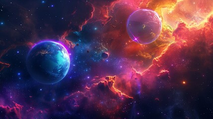 Obraz premium Abstract cosmic scene with planets that have glowing, holographic surfaces, surrounded by a vibrant nebula.