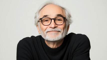 Obraz premium An elderly man with grey hair and glasses, isolated on a white background, conveying a sense of experience and peace.