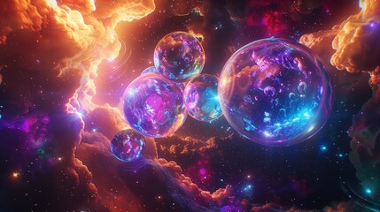 Naklejka premium Abstract cosmic scene with planets that have glowing, holographic surfaces, surrounded by a vibrant nebula.