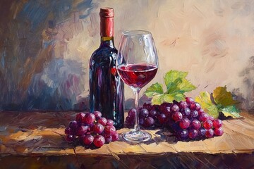 Red Wine Bottle, Glass, and Grapes on Wooden Table - Oil Painting. AI generated illustration