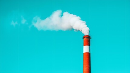 A vibrant blue sky serves as the backdrop for a red industrial chimney emitting white smoke, highlighting the impact of industry on the environment and air quality.