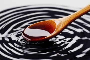 Soy Sauce Pouring from Wooden Spoon onto Water Ripple Background. AI generated illustration