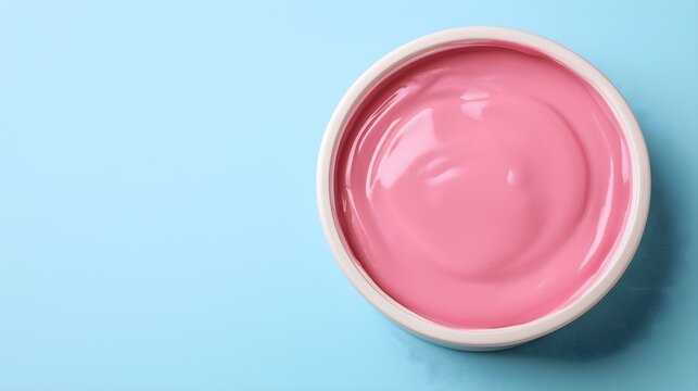 A vibrant bowl of smooth pink icing on a blue background, showcasing the rich texture and color perfect for baking enthusiasts and dessert decoration inspirations.