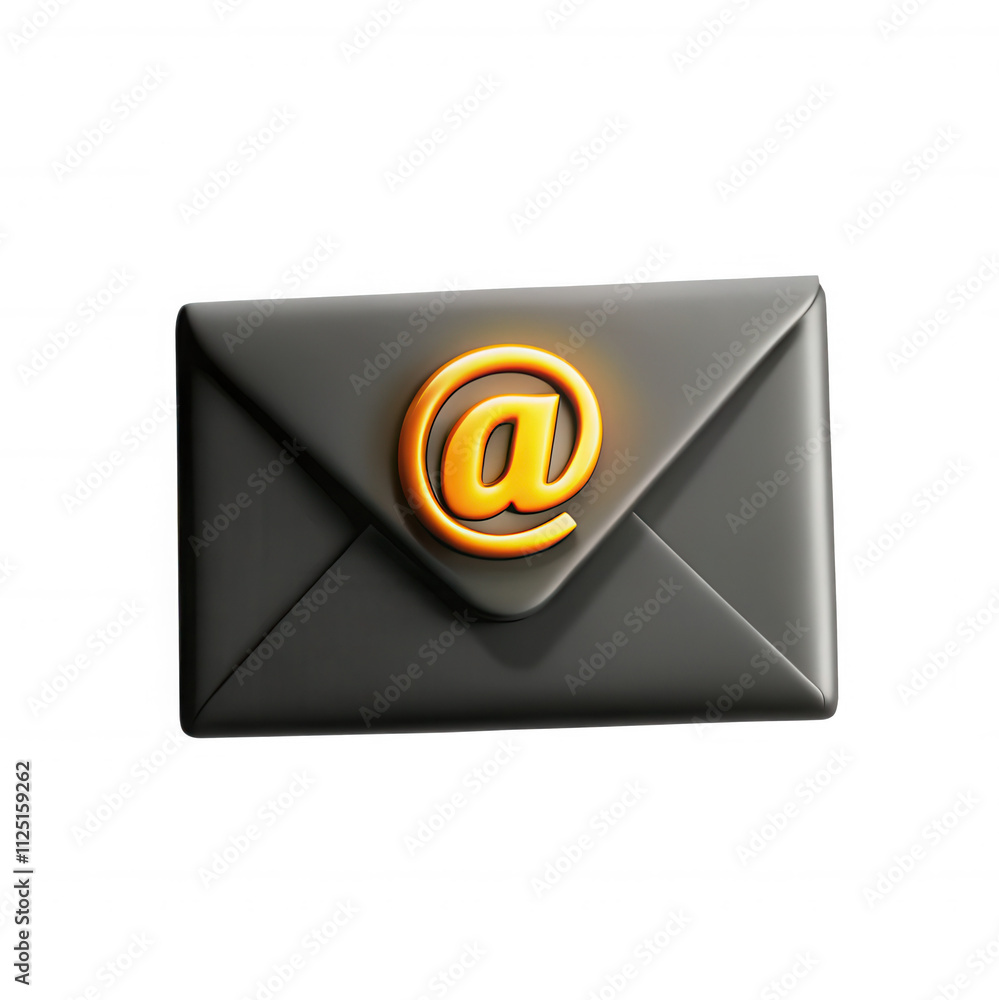 Poster a 3d rendered envelope with a bright, glowing '@' symbol on top, representing modern communication. 