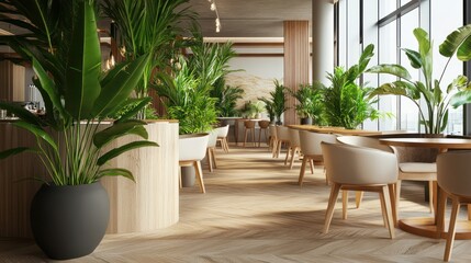Fototapeta premium Bright cafe interior with white bar counter, wooden stools, and green plants. Modern minimal design with hanging greenery 