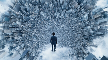 A man stands amidst vast, swirling cityscape, surrounded by towering skyscrapers that create mesmerizing vortex. scene evokes sense of wonder and contemplation about urban life and its complexities