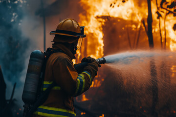 Naklejka premium A firefighter extinguishing a fire with a water hose.