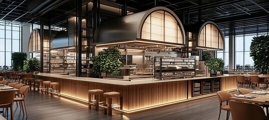 Obraz premium Modern Industrial Chic Restaurant Interior Open Kitchen, Warm Lighting, and Lush Greenery