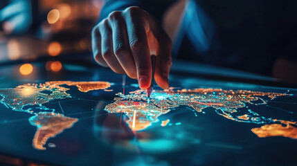 Hand touching illuminated world map on digital screen, showcasing global connections and data visualization
