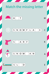 Match the missing letter, spell the word, christmas cartoon style, winter educational spelling scramble school game for the development of children, kids preschool activity, printable worksheet vector