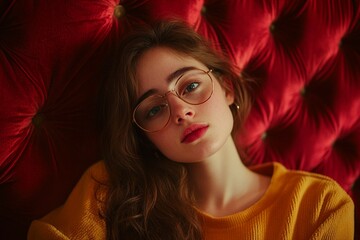 Fototapeta premium A woman with glasses relaxes on a red couch, enjoying her time in a cozy setting.