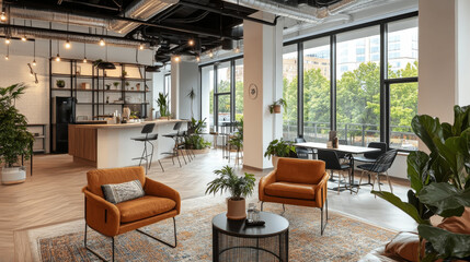 Fototapeta premium Modern office interior featuring stylish lounge area with orange chairs, wooden table, and large windows. space is bright and inviting, perfect for collaboration and relaxation