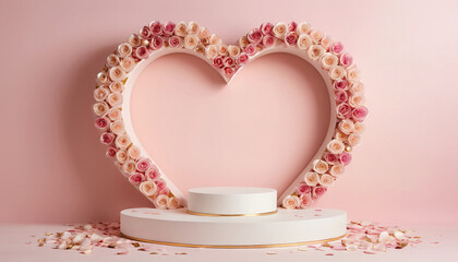 Pink heart-shaped display decorated with a garland of roses, standing on a pink hexagonal podium with scattered petals, creates a romantic setting against a solid pink backdrop.