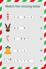 Match the missing letters, spell the word, christmas cartoon style, xmas educational spelling scramble school game for the development of children, kids preschool activity, printable worksheet vector