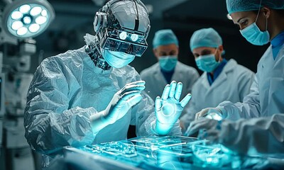 A robotic figure assists in a high-tech medical procedure. - Powered by Adobe