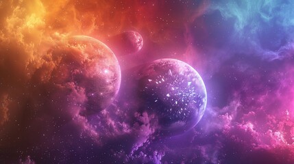 Fototapeta premium Abstract representation of planets with crystal-like textures, surrounded by a multicolored cosmic haze.