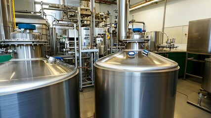 Industrial fermentation equipment in a processing facility showcasing large stainless steel tanks and piping systems