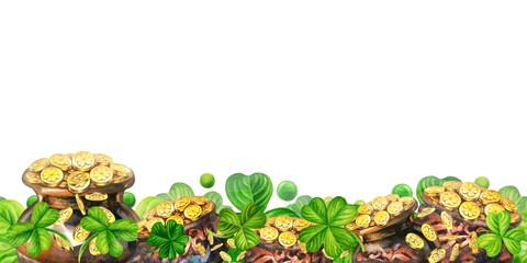 Vintage pots with leprechaun gold coins and four leaf green clover. Seamless border for St. Patrick's Day watercolor template. Decorative holiday print design: invitations, cards, borders, banners