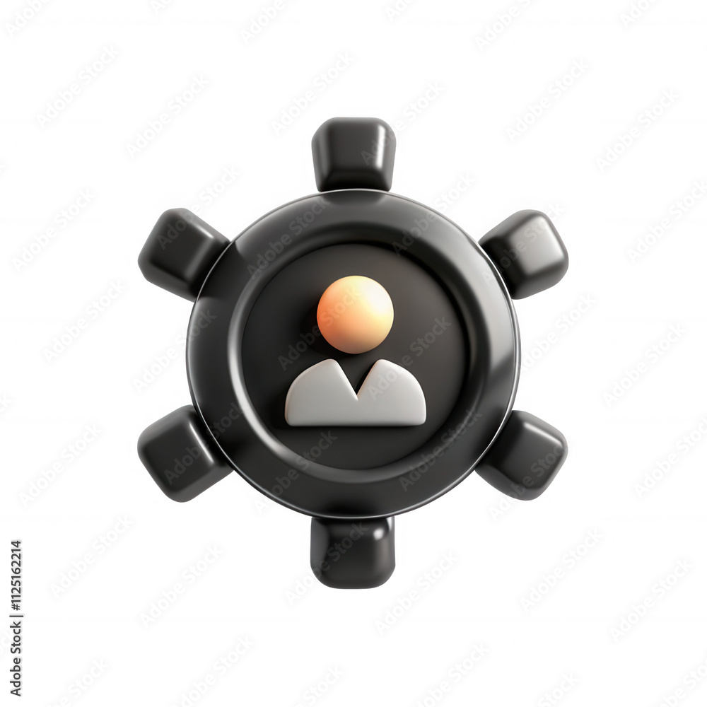 Poster a 3d render of a user settings icon featuring a black gear with a person silhouette in the center. i
