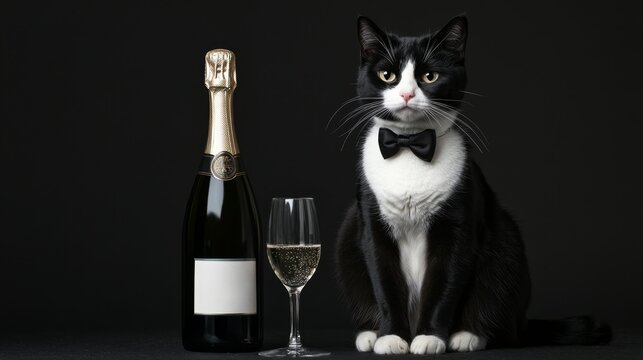 Dapper Cat in Tuxedo Sipping Champagne with Elegant Glass
