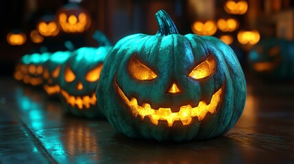 Fototapeta premium Glowing teal jack-o'-lanterns on a dark wooden surface.