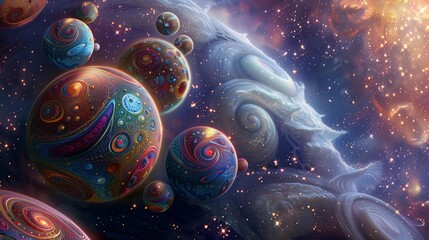 Cosmic scene with planets covered in abstract, swirling patterns, set against a backdrop of twinkling stars.