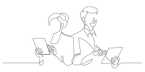 man and woman using digital tablet portrait business posing advertising one line drawing