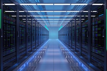 A modern data center filled with rows of sleek, high-tech server racks