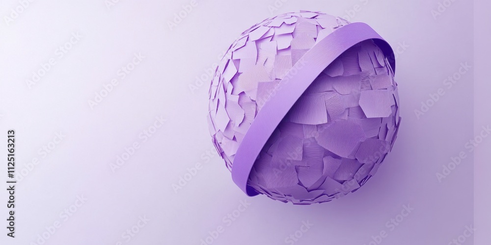Poster abstract 3d render of a fractured purple sphere with a band encircling it against a lavender backgro
