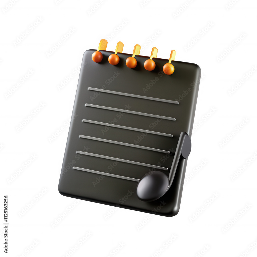 Poster a sleek 3d render of a black notepad with colorful notes and a music symbol, showcasing creativity a