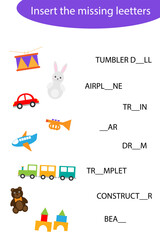 Insert the missing letters, spell the word, toys in cartoon style, educational spelling reading school game for the development of children, kids preschool activity, printable worksheet, vector