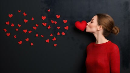A woman in a red sweater blowing kisses towards floating red hearts against a dark background, symbolizing love and affection, perfect for romantic or emotional themes.