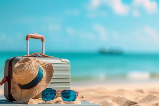 Bright colors and warm sands showcase a suitcase alongside beach accessories including sunglasses and a sun hat all set for a delightful summer adventure by the ocean.