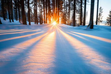 Golden rays of sunlight break through tall trees in a snowy forest illuminating the peaceful landscape as day transitions to night in Bettmeralp Valais during winter.