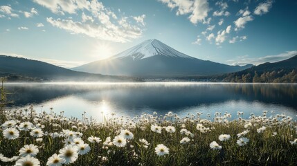 Mount Fuji in a realistic spring scene, surrounded by vibrant flowers and clear blue skies.