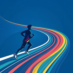 Dynamic illustration of a runner in motion, with vibrant, colorful trails swirling behind on a bold blue background, symbolizing speed and energy.