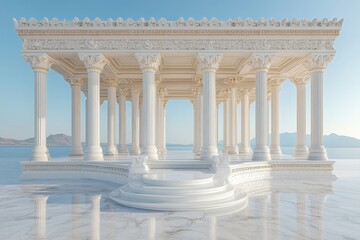 Naklejka premium A grand, ancient-style temple structure with columns, set against a serene water backdrop.