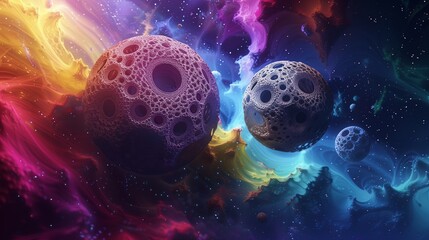 Planets with intricate, lace-like textures, floating in a cosmic scene of vibrant, swirling colors.