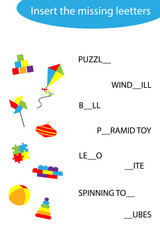 Insert the missing letters, spell the word, child toys in cartoon style, educational spelling reading school game for the development of children, kids preschool activity, printable worksheet, vector