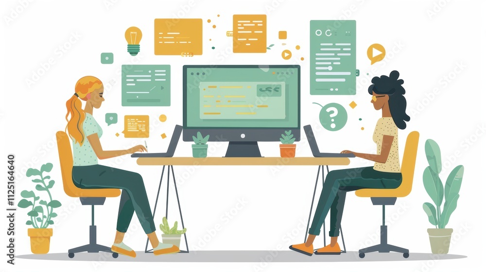 Wall mural collaborative workspace scene showcasing two individuals at computers, surrounded by digital interfa