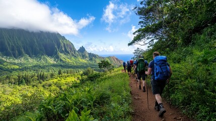 Obraz premium Group of Hikers Trekking Through Lush Green Mountain Trail