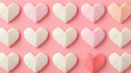 An array of heart-shaped desserts in various shades of pink and white, beautifully arranged on a pink background, perfect for celebrating love and special occasions.