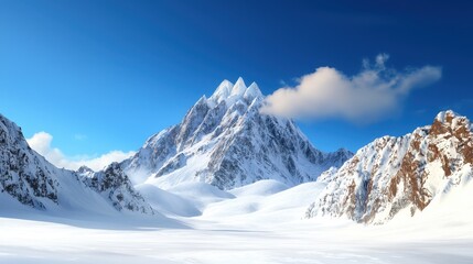 Majestic Snow-Capped Peaks Under Clear Blue Sky and White Clouds