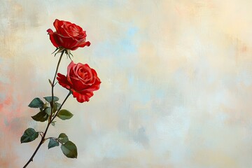 A pair of red roses crossed against a soft pastel background