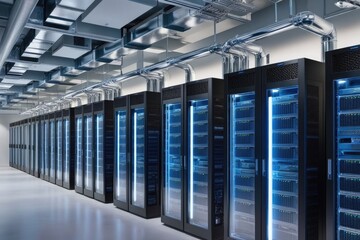 A modern data center filled with rows of sleek, high-tech server racks