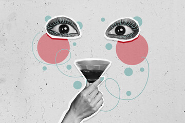 Photo collage trend sketch template artwork of hand hold cocktail glass drink vision security...