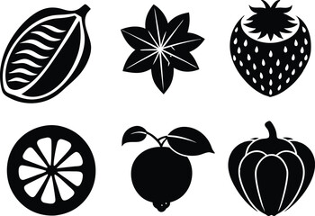 6 Vector Silhouette Fruits Icon Set - Minimalist Fruit Clipart Collection