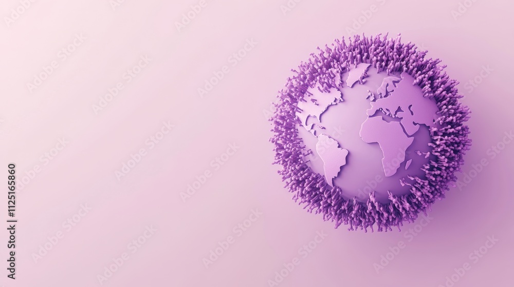 Poster global community: a 3d render of earth surrounded by miniature figures representing worldwide connec